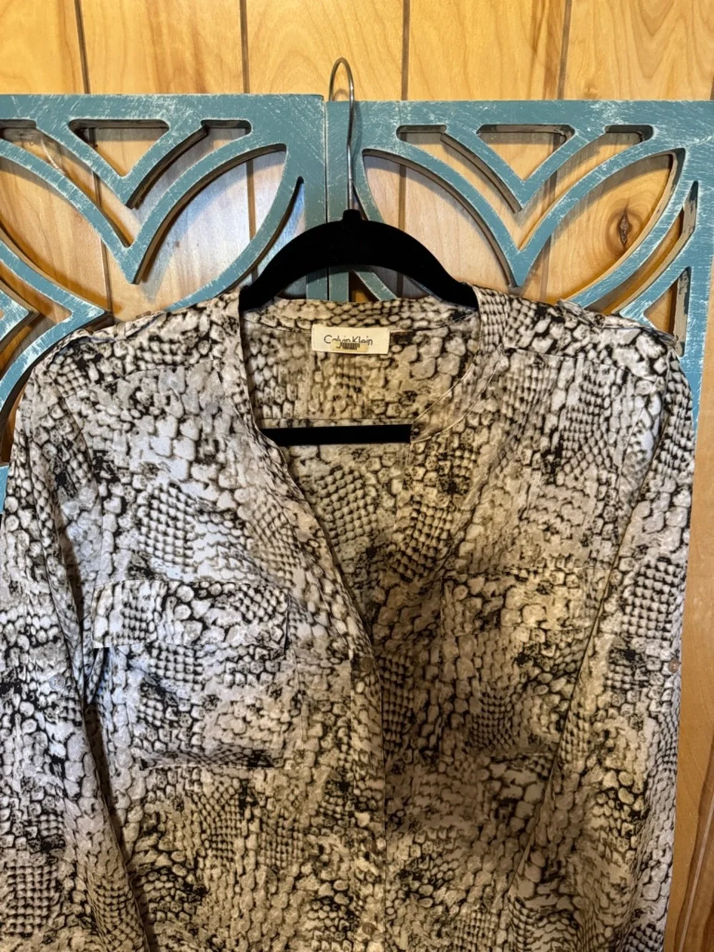 Calvin Klein Beige and Black Snakeskin Print V-Neck Blouse (missing one button) - Picture 5 of 6